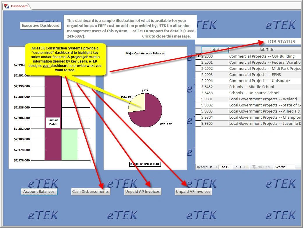 screen shot of etek online executive dashboard