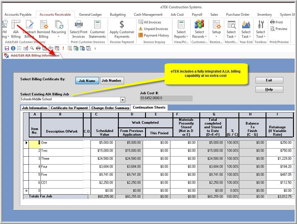 screen shot showing etek online aia billing features