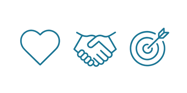 Icons of a heart, handshake, and target with arrow, symbolizing care, partnership, and goals.