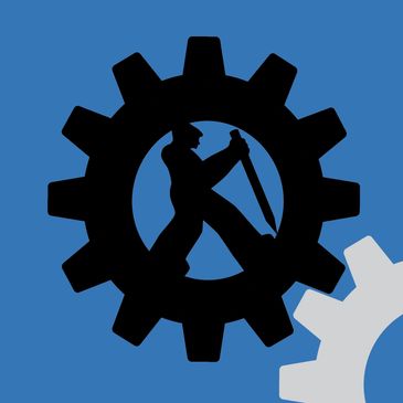 Silhouette of a worker inside a gear symbol against a blue background.