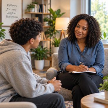 Young man listening to his therapist woman seated across from him in an office