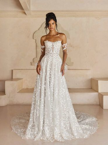 strapless leaf filigree bridal gown in white with sheer sleeves