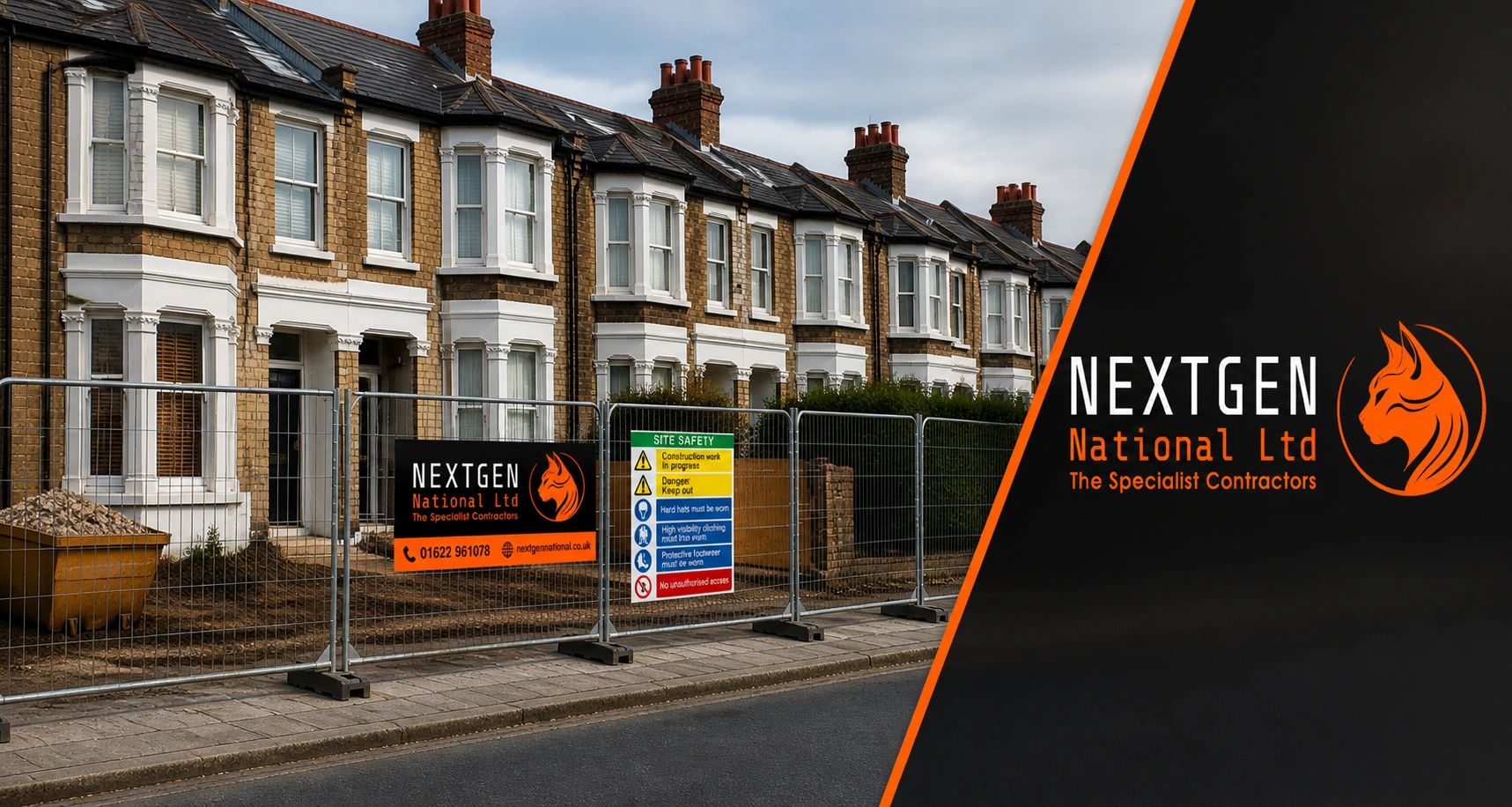 Construction site with NextGen National Ltd safety signs and fencing outside residential houses.