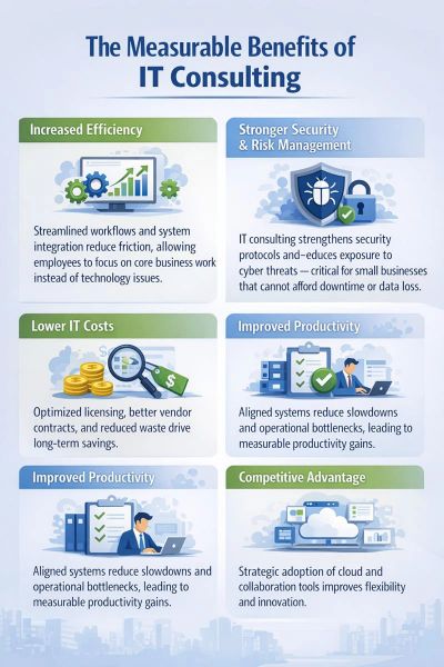 Benefits of IT consulting: efficiency, security, cost savings, productivity, and competitive advantage.