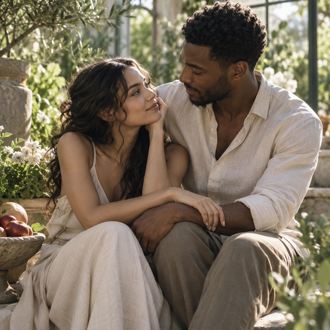 Couple sharing tender moment in garden.