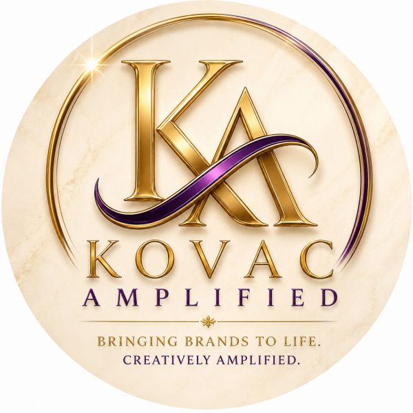Elegant logo of Kovac Amplified with gold and purple accents.