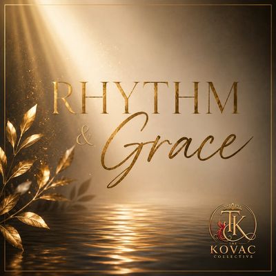 Elegant golden text reading 'Rhythm & Grace' with a gold leaf decoration and logo.