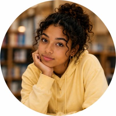 Young woman in a yellow hoodie resting her chin on her hand.