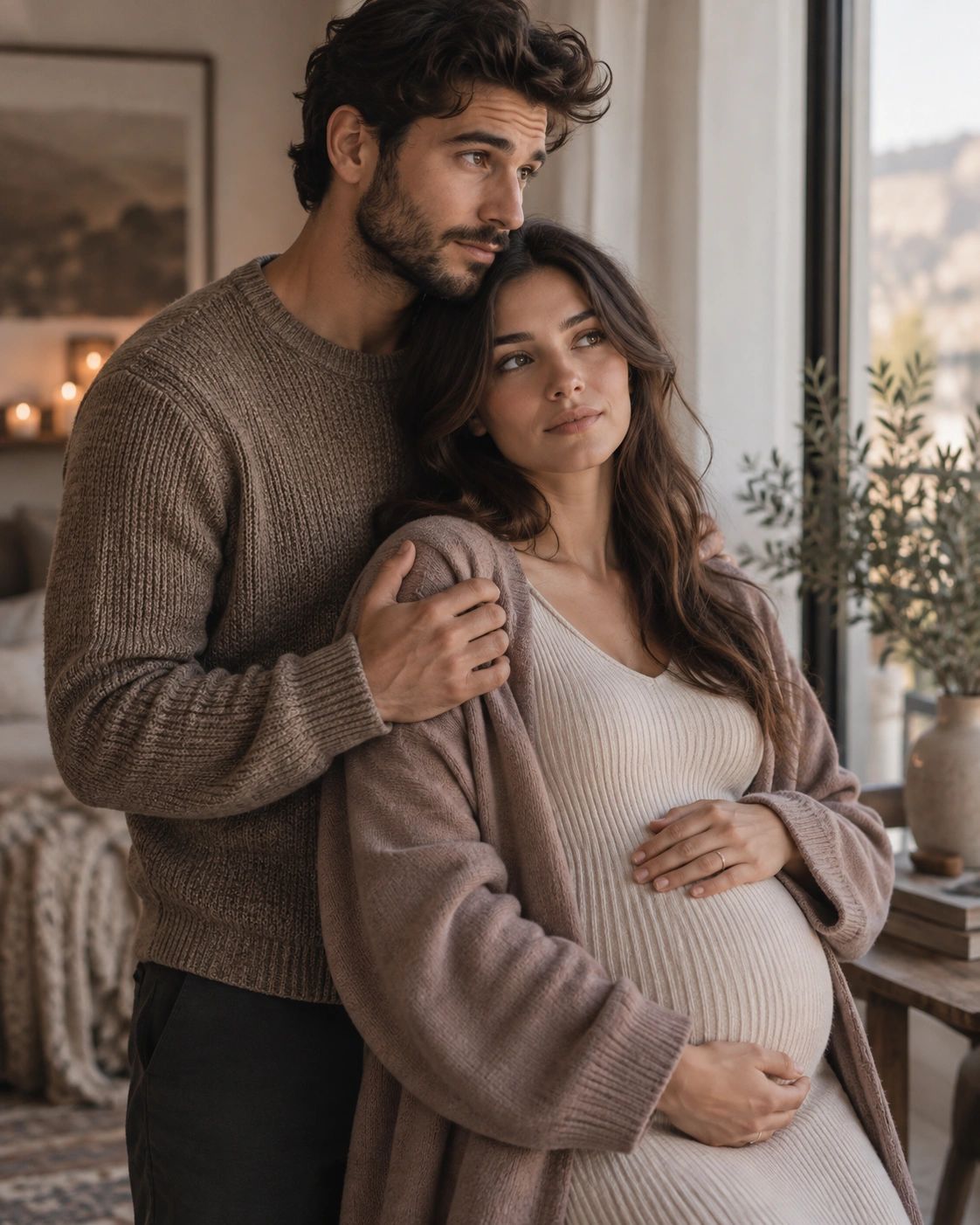 Couple embracing with pregnant woman.