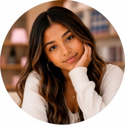 Young woman with long hair resting her face on her hand.
