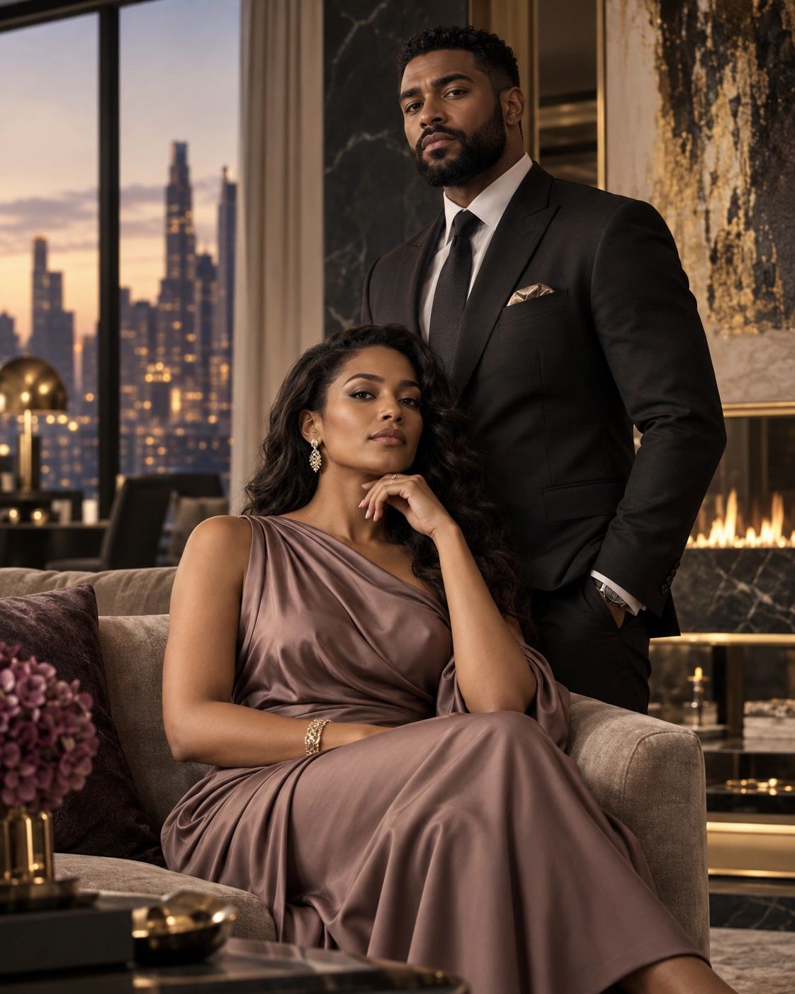 Elegant couple posing in a stylish living room with city view.