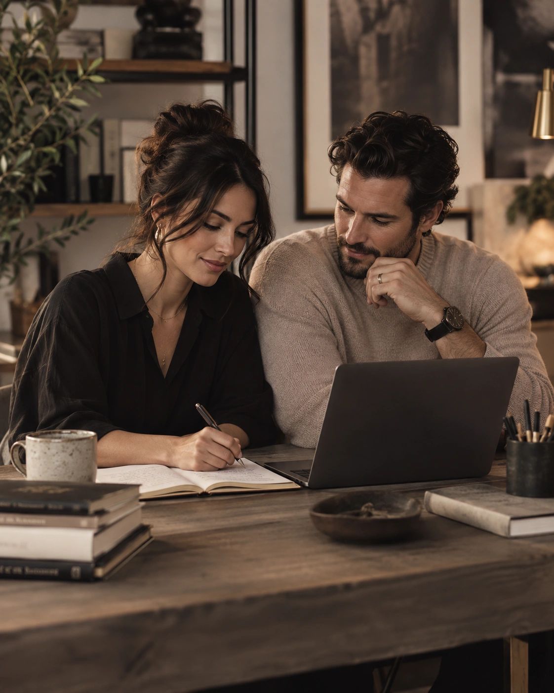 Couple working together at a wooden table with laptop and notebook.
