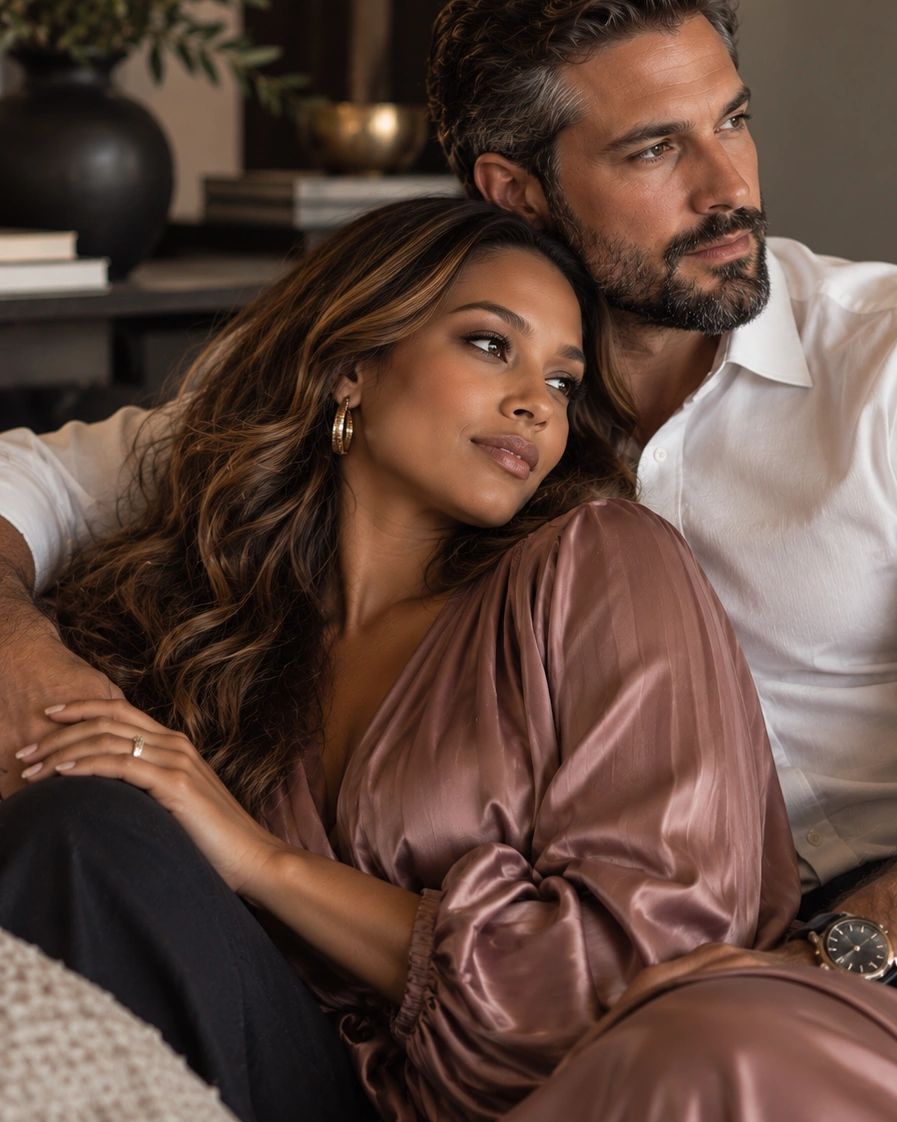 Couple relaxing closely, looking away thoughtfully.