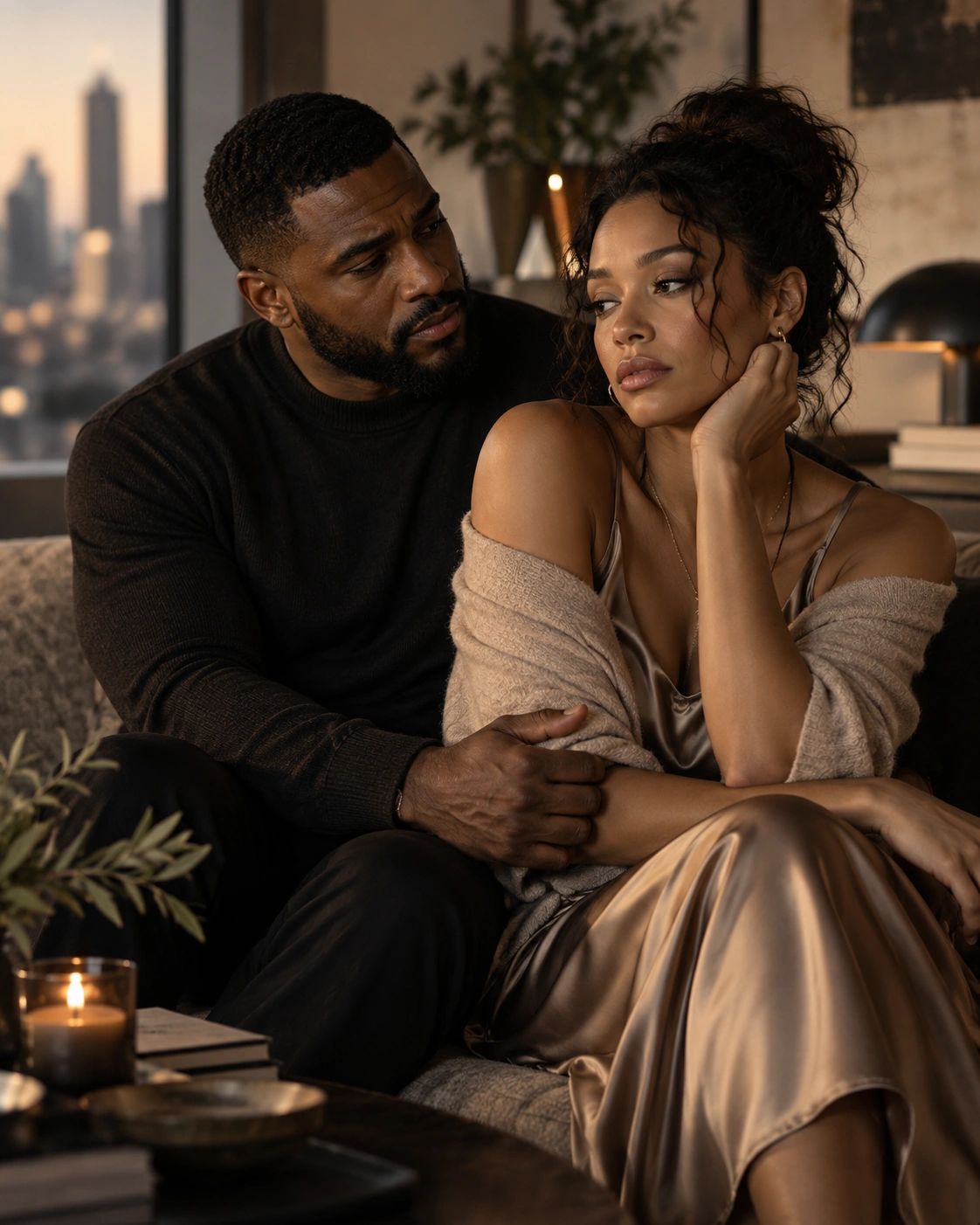Couple sharing an intimate, emotional moment on a couch.