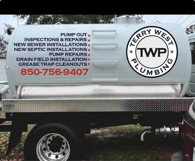 Septic pumping truck with Terry West Plumbing logo and text and phone number 850-756-9407