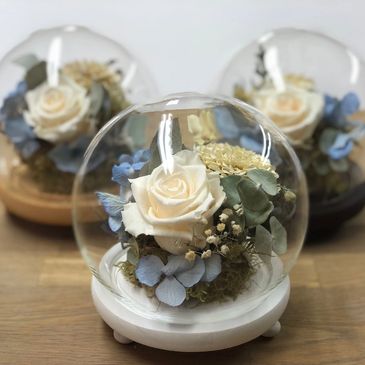 Small glass domes containing preserved and freeze dried flowers. 