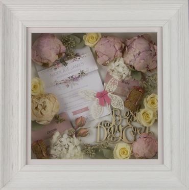 Freeze dried flowers and items from wedding. Created by The Flower Preservation Studio.