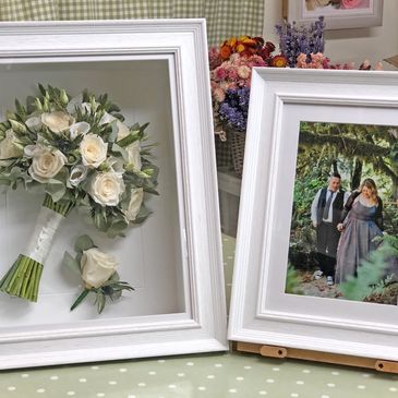 Preserved wedding bouquet and  framed photograph. Created by The Flower Preservation Studio.
