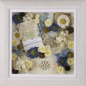 Bespoke Memory Box Frame with freeze dried flowers and items from wedding day. 