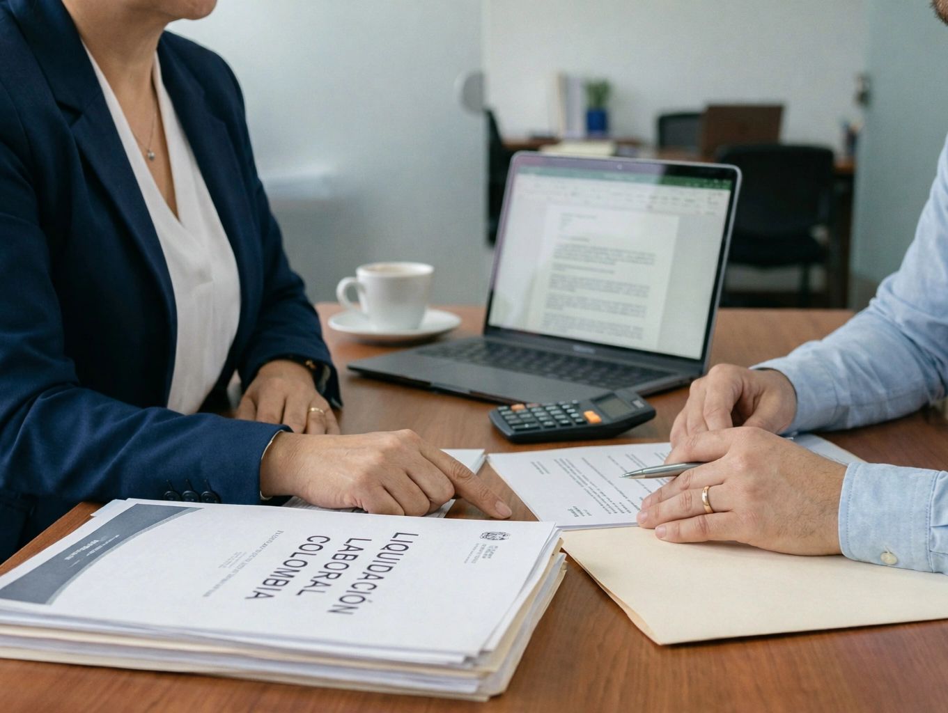 Two professionals discussing a Colombian labor settlement document.