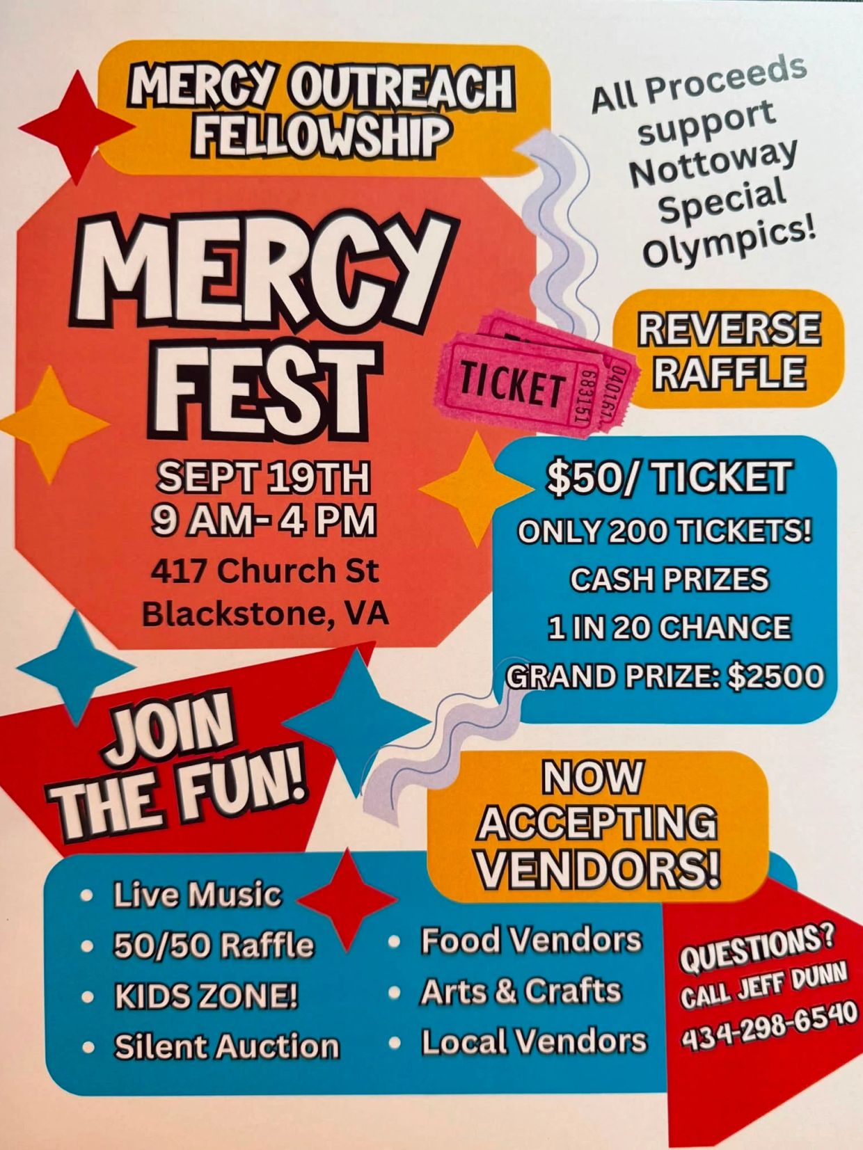 Mercy Fest fundraiser event with music, raffles, and vendors.
