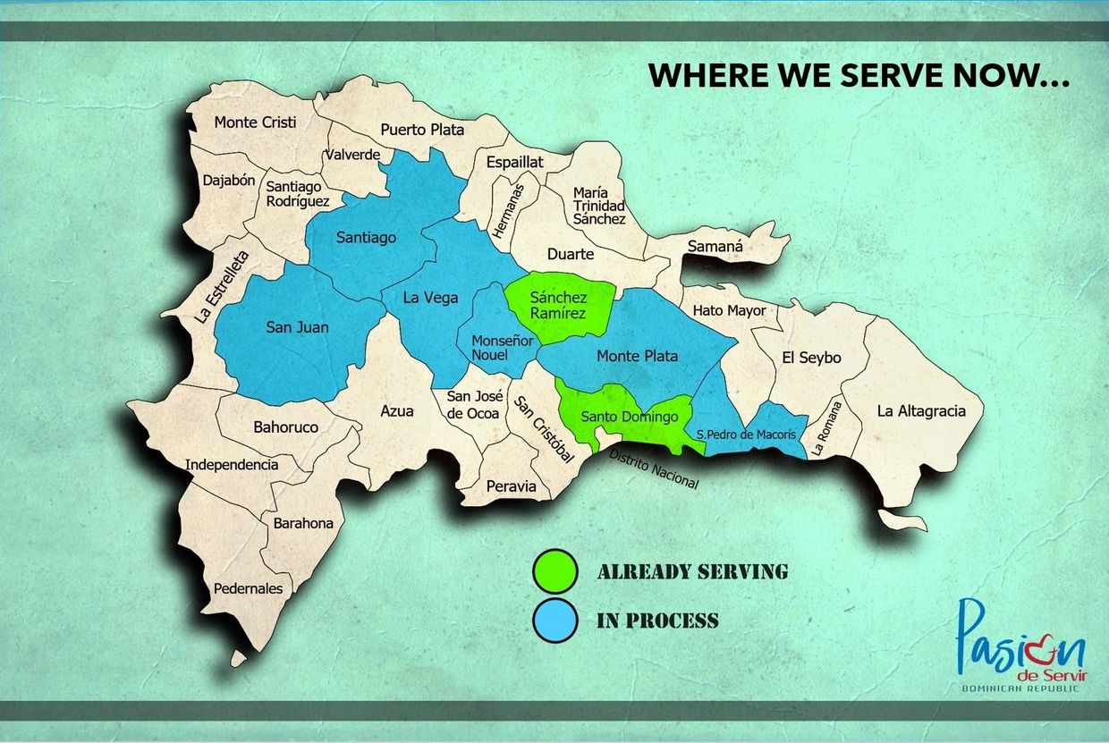 Map showing service areas in the Dominican Republic, color-coded by status.