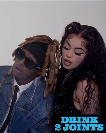 Two individuals with distinctive hairstyles and tattoos pose together with 'DRINK 2 JOINTS' text.