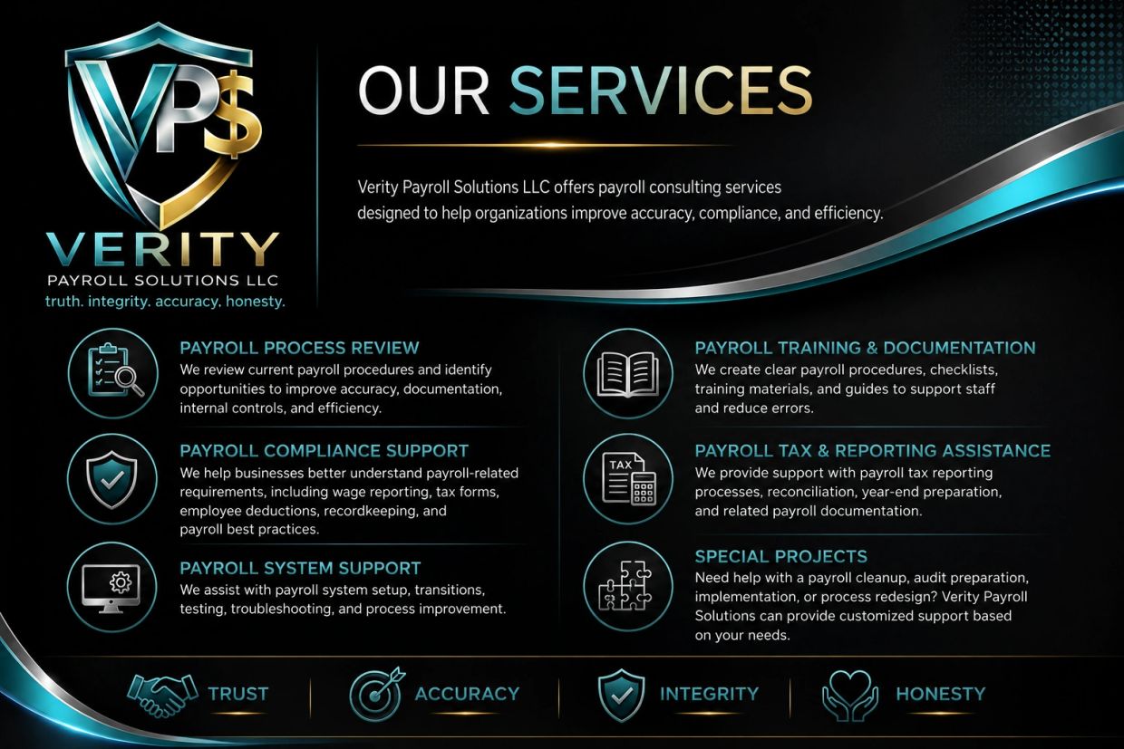 Verity Payroll Solutions LLC offers comprehensive payroll consulting services.