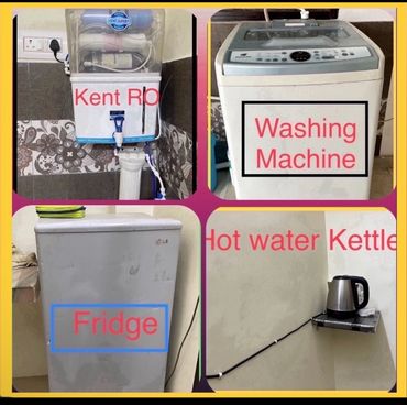Four home appliances: water purifier, washing machine, fridge, and electric kettle.