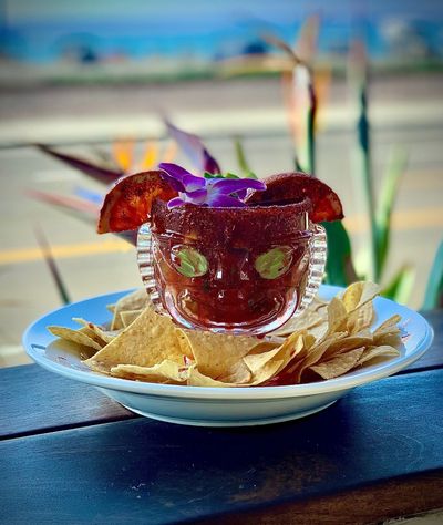 Spooky shrimp cocktail with tortilla chips