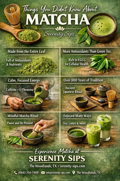 Infographic highlighting health benefits and traditions of matcha tea by Serenity Sips.