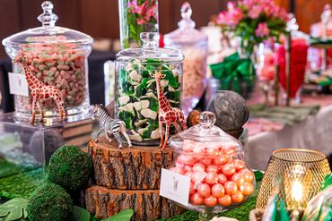 Safari themed table with jars of candy, animal figures, wood risers, faux moss and foliage.