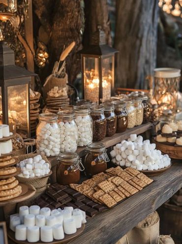 Cozy s'mores station with marshmallows, chocolate, graham crackers, and warm lanterns.