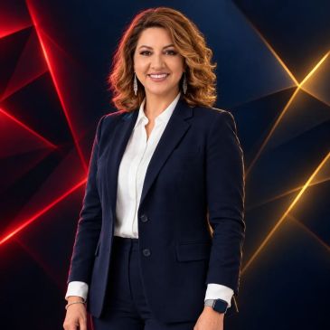 Confident woman in a navy suit smiling against a colorful geometric background.