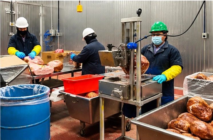 Workers processing meat in a factory.