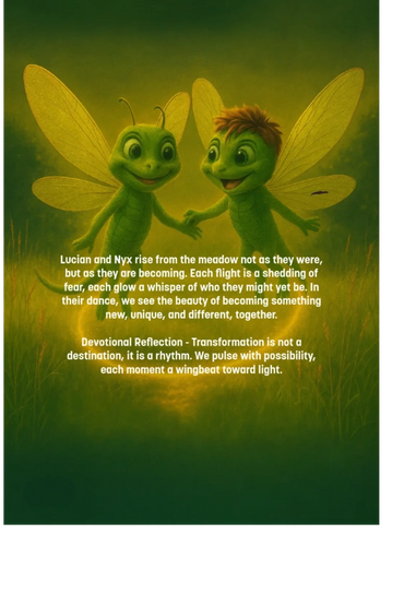 Two glowing fireflies, Lucian and Nyx, hold hands, symbolizing transformation and hope.