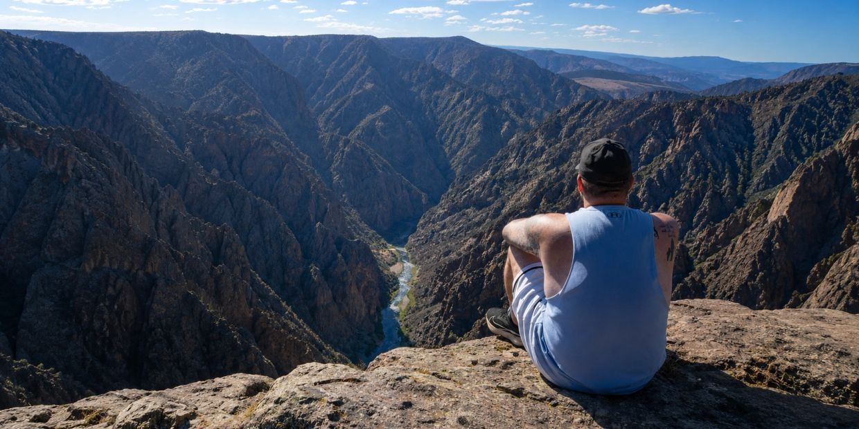 Man sitting on a cliff overlooking a vast canyon with a river below.