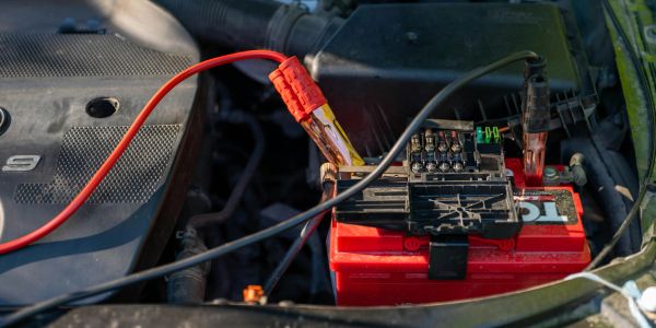 Car battery being jump-started with jumper cables. Roadside Rescue!