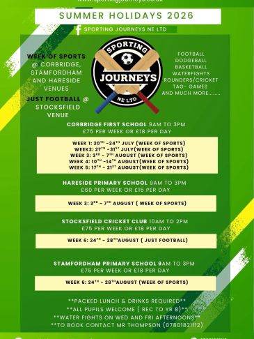 Summer holidays 2026 sports schedule with various venues and fees.