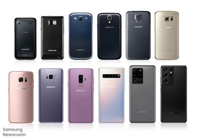 Samsung smartphones from various years shown from the back.