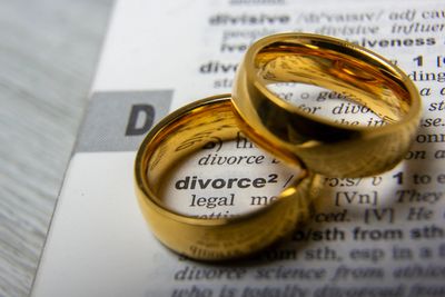 Two gold rings placed on a dictionary page showing the word 'divorce'.