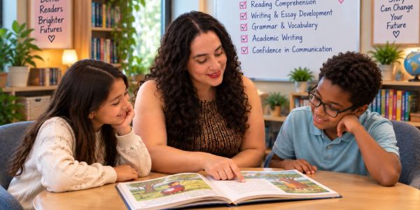 Teacher reading with two children in classroom.