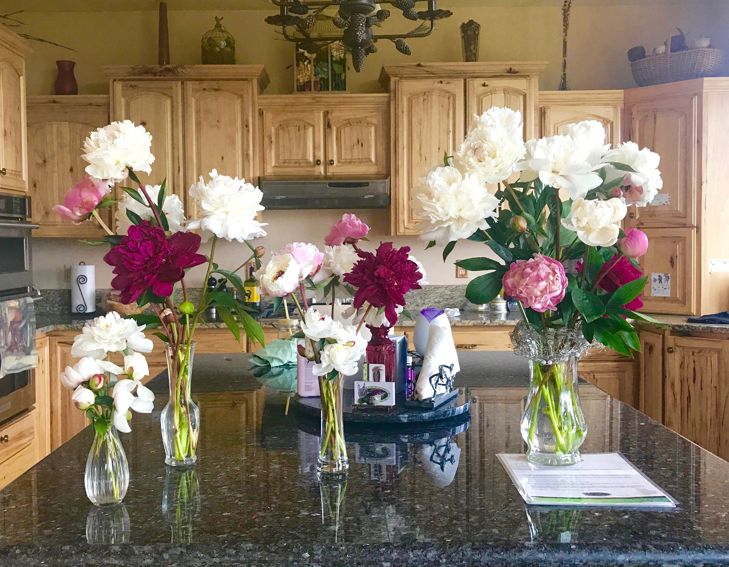 Five vases of peonies on a kitchen island with wooden cabinets in the background.