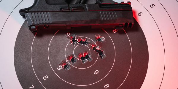 A handgun resting on a shooting target with multiple bullet holes.