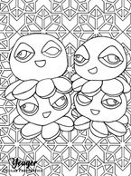 coloring page, 4 ocular octopus sitting together in front of geometric design