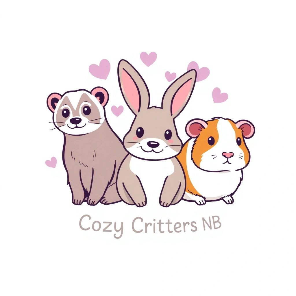 Cute cartoon ferret, bunny, and guinea pig with hearts and 'Cozy Critters NB' text.