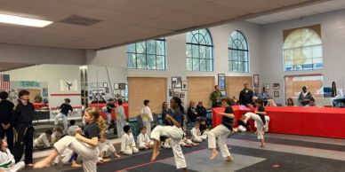 Children practicing martial arts in a dojo.