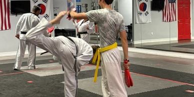 Martial arts practice in a gym with students doing kicks.