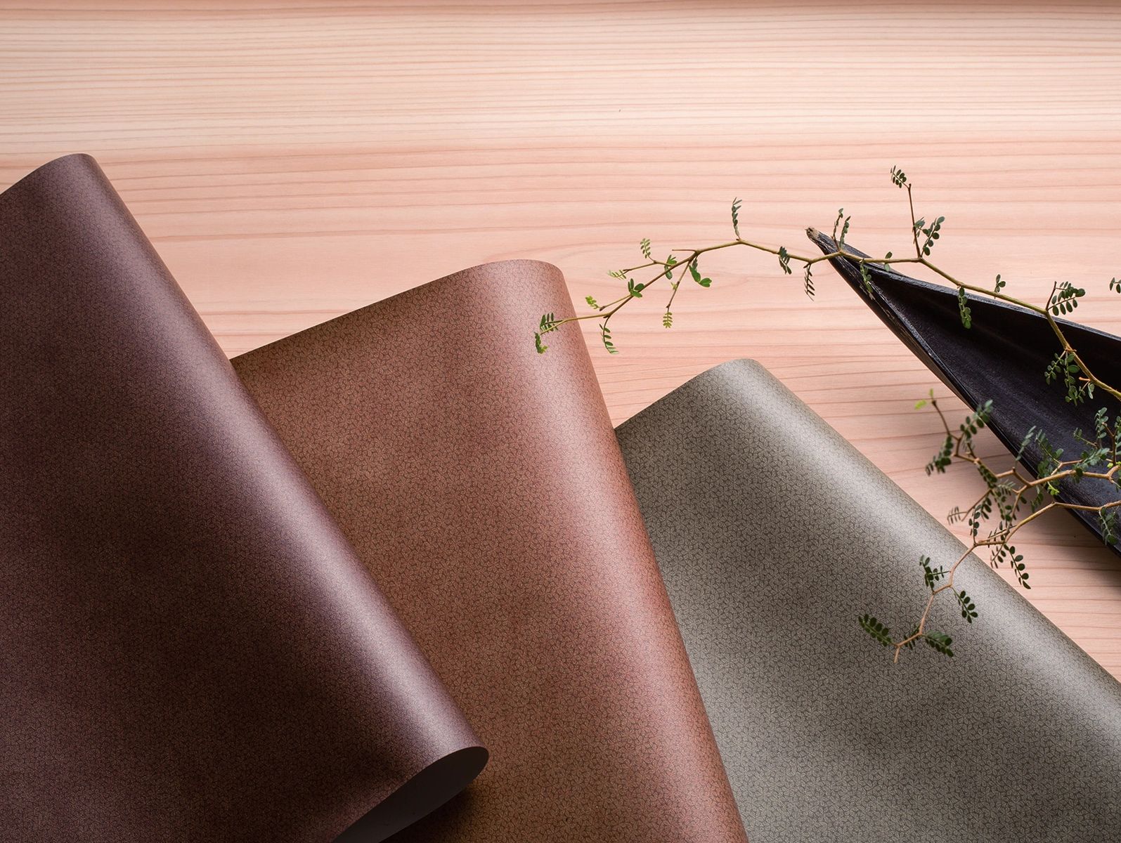 Rolled textured papers with a plant on a wooden surface.