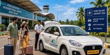 Family arriving at Port Blair airport taxi stand with car service.